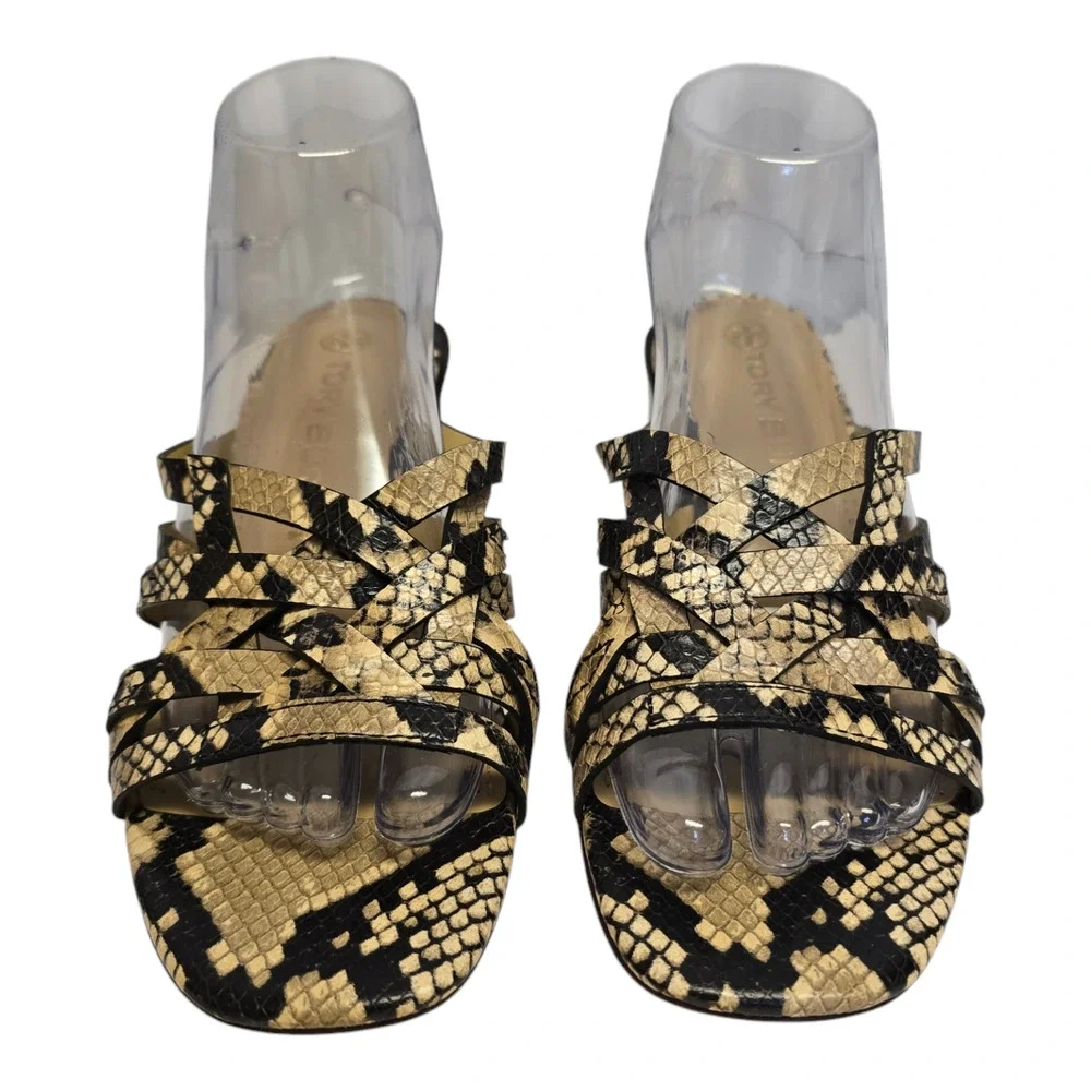 Tory Burch Slip On Sandal Mule Basket Weave Snakeskin Print Block Heel Multi 9